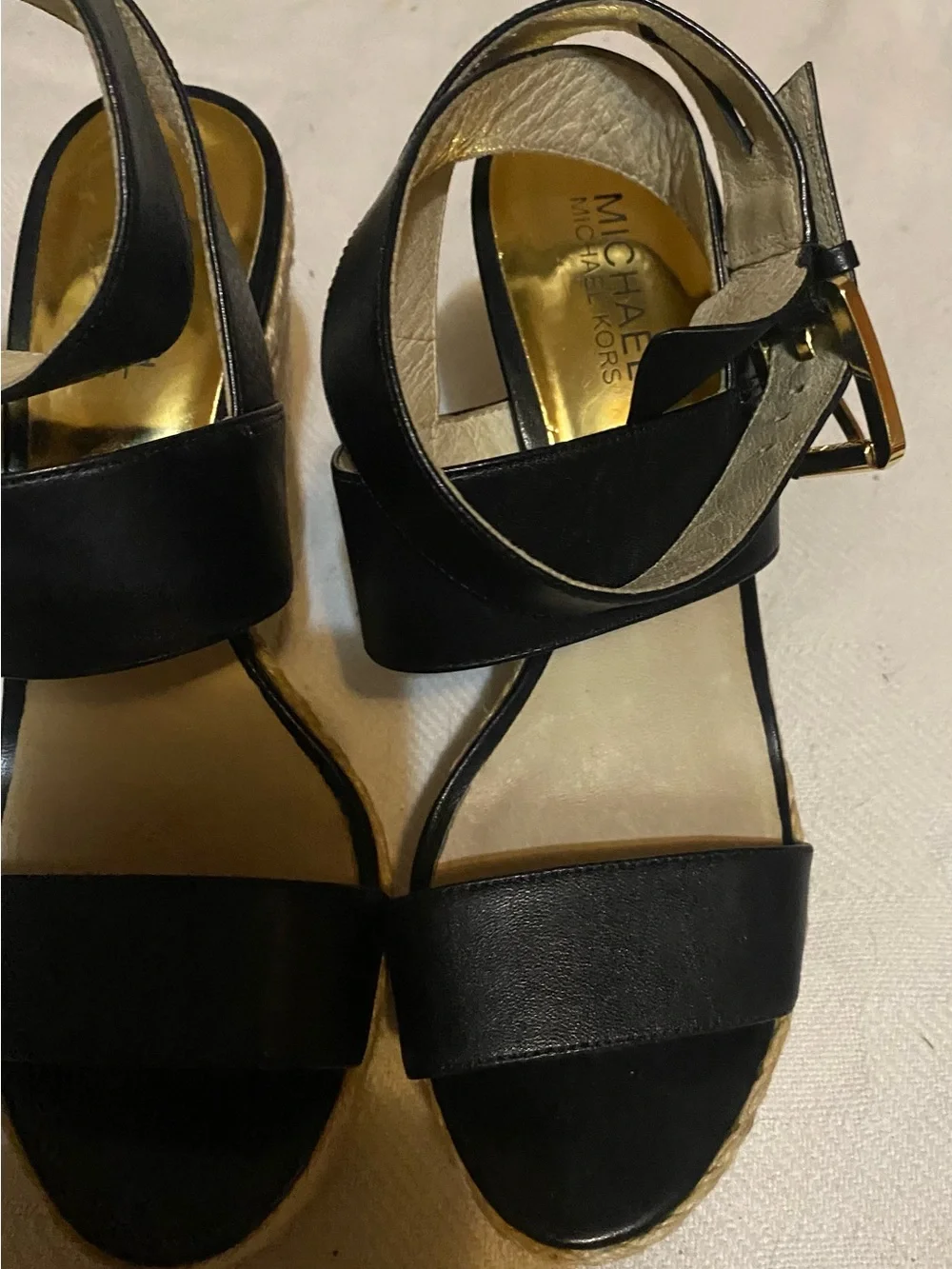 Michael Kors Black Leather Ankle-Strap Espadrille Wedges